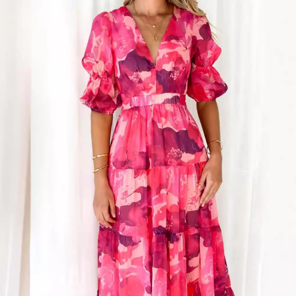 Ladies multi-layered maxi dress in ruffle tiered look with V-neck and gathered empire waist StylebySassy