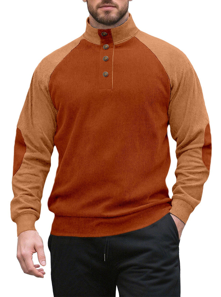 Men's two-tone ribbed troyer with asymmetrical button placket and velour elbow patches StylebySassy