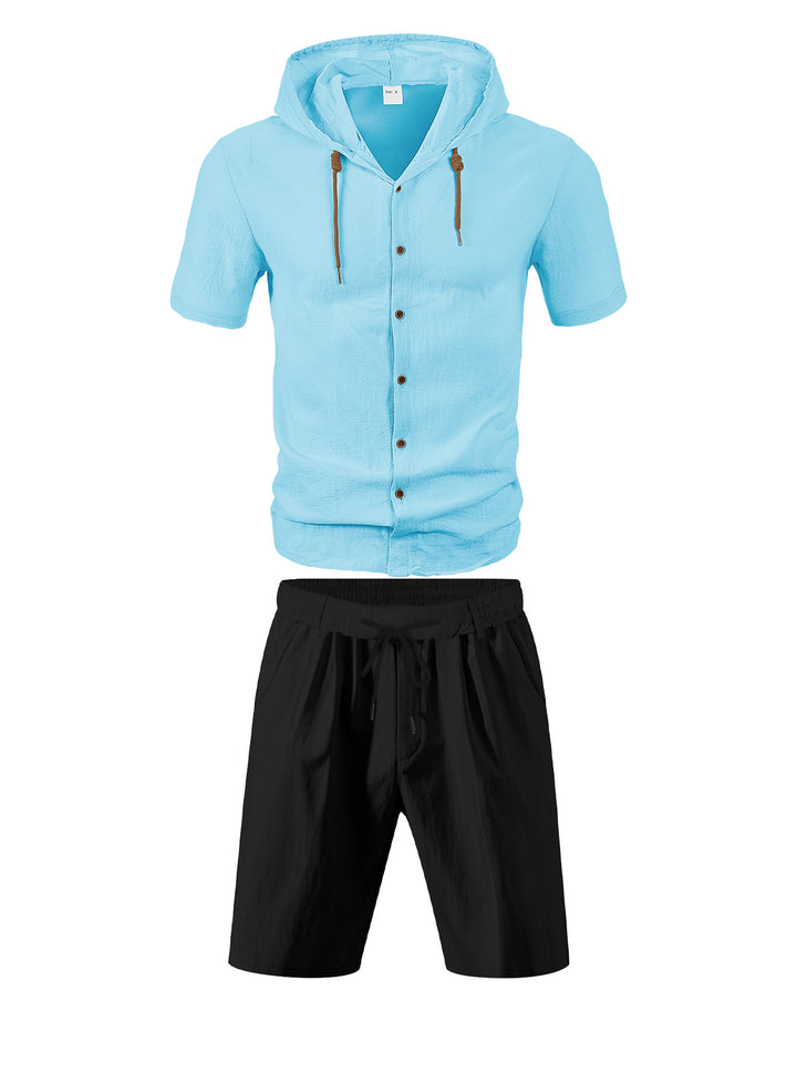 Men's lightweight summer hoodie in linen look with continuous button placket and drawstring StylebySassy