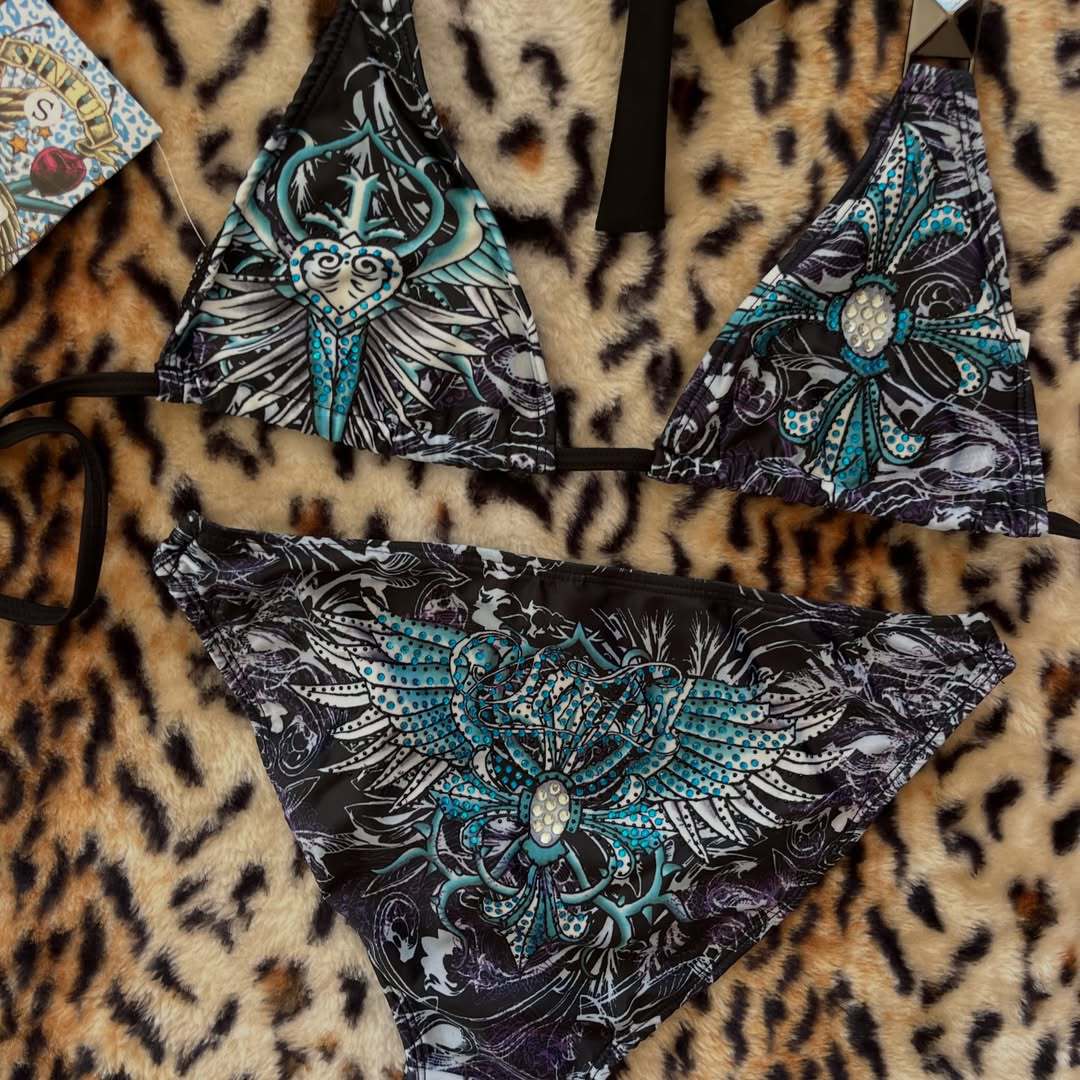 Ladies triangle bikini with floral pattern and rhinestone appliqués StylebySassy