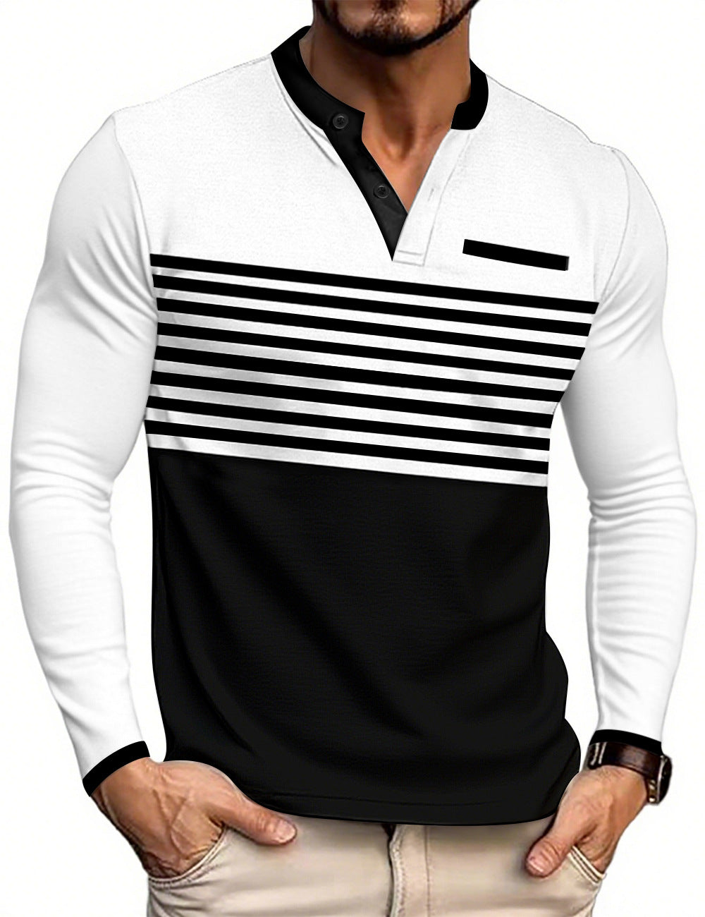 Men's modern long sleeve polo with Henley placket striped chest part and stand-up collar StylebySassy