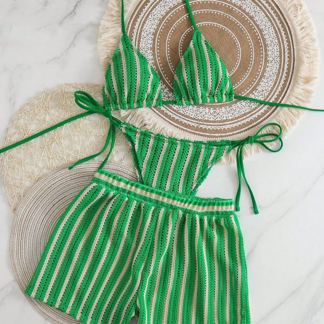 Women's bikini set with striped design and casual shorts StylebySassy