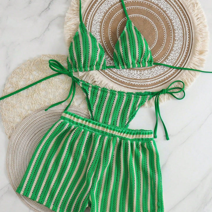 Women's bikini set with striped design and casual shorts StylebySassy