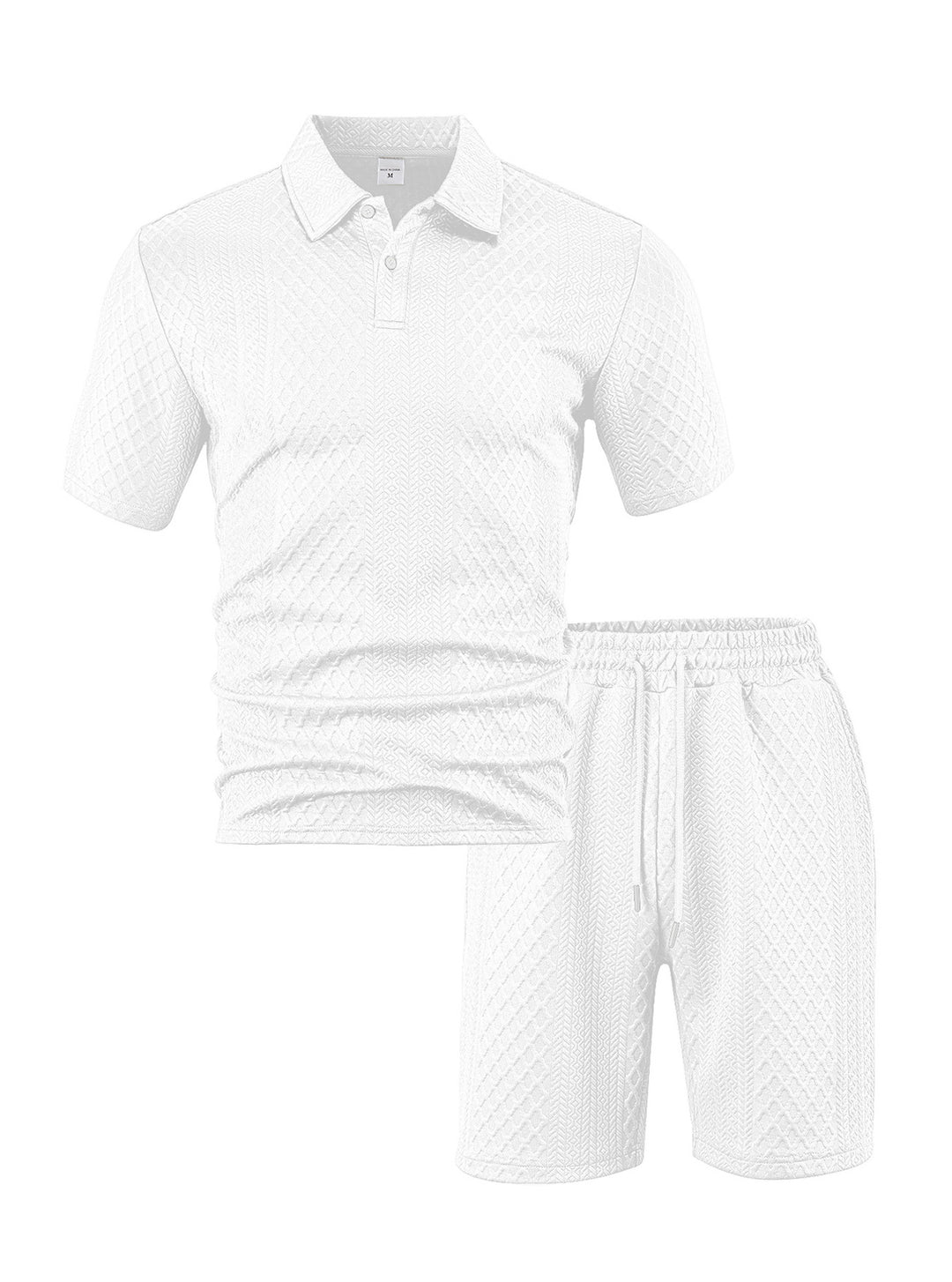 Men's elegant leisure two-piece made of textured knit with polo collar short-sleeve shirt and drawstring Bermuda StylebySassy