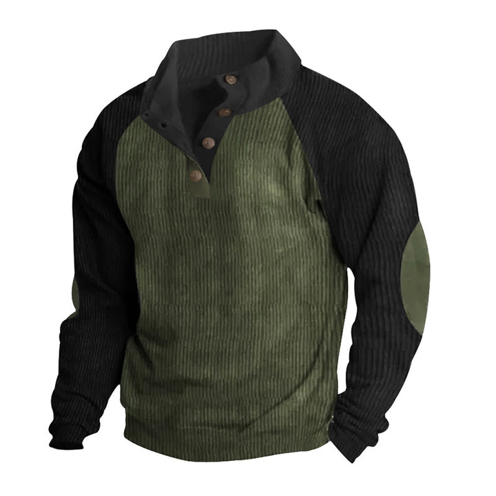 Men's corduroy half-button pullover with high collar, raglan sleeves and elbow patches StylebySassy