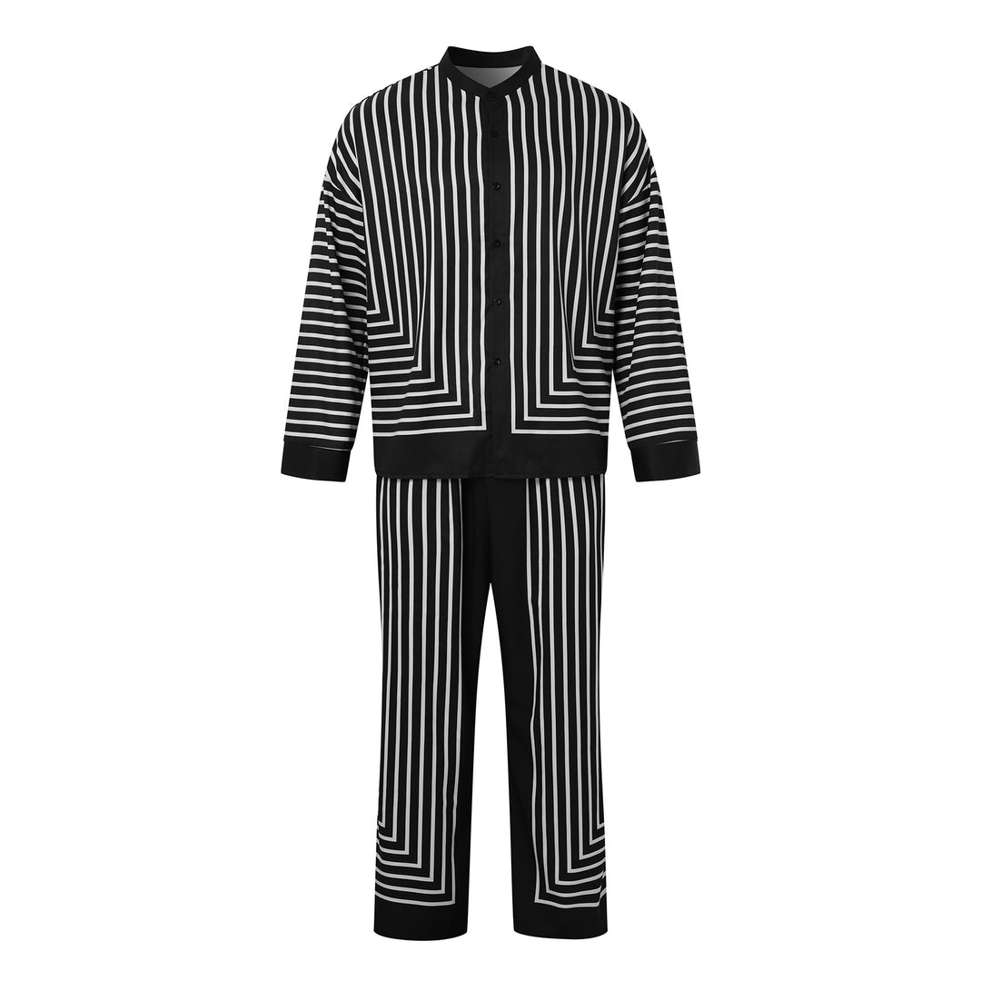 Women's striped lounge two-piece with stand-up collar button-up shirt jacket and straight pajama pants StylebySassy