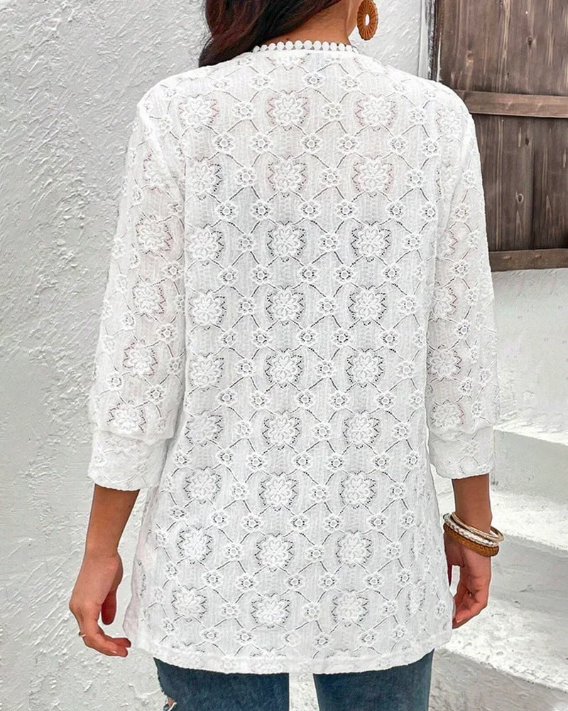 Women's lightweight lace jacket with open cut, three-quarter sleeves and crocheted trim StylebySassy