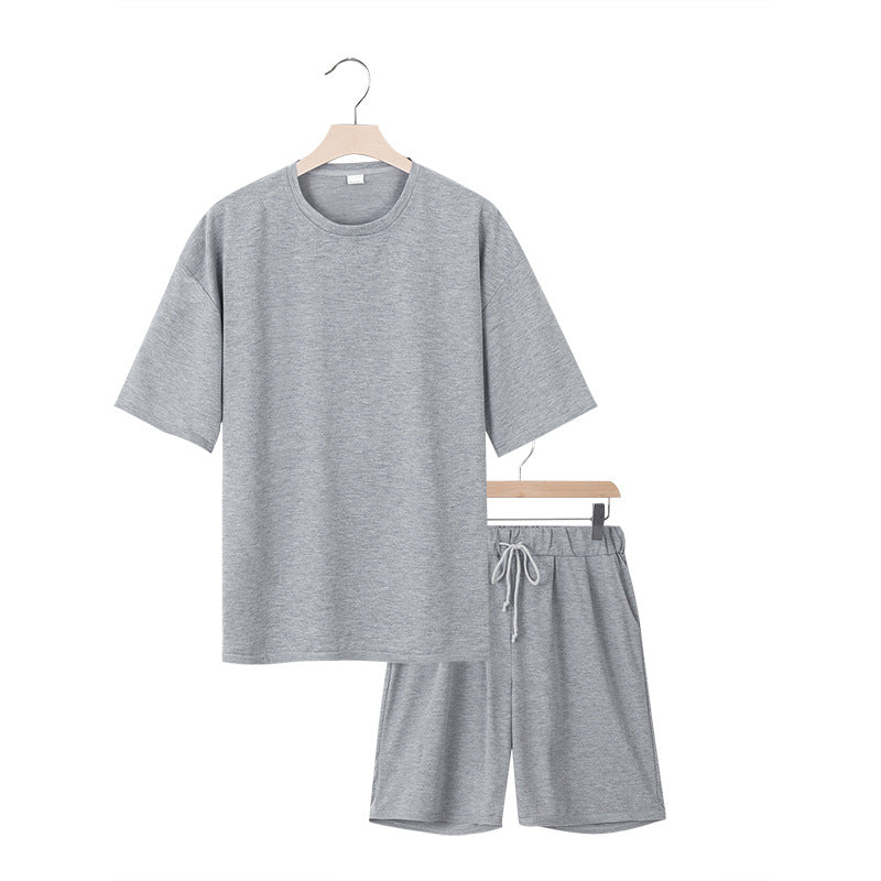 Men's relaxed jersey set with extended round neck t-shirt and elastic drawstring shorts StylebySassy
