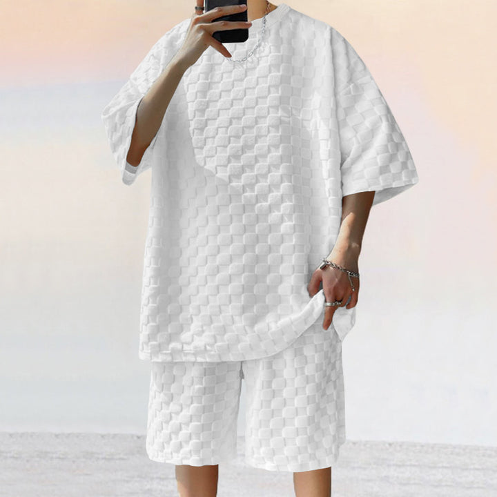 Unisex nan structured relief set made of honeycomb jersey with oversized shirt and knee-length shorts StylebySassy