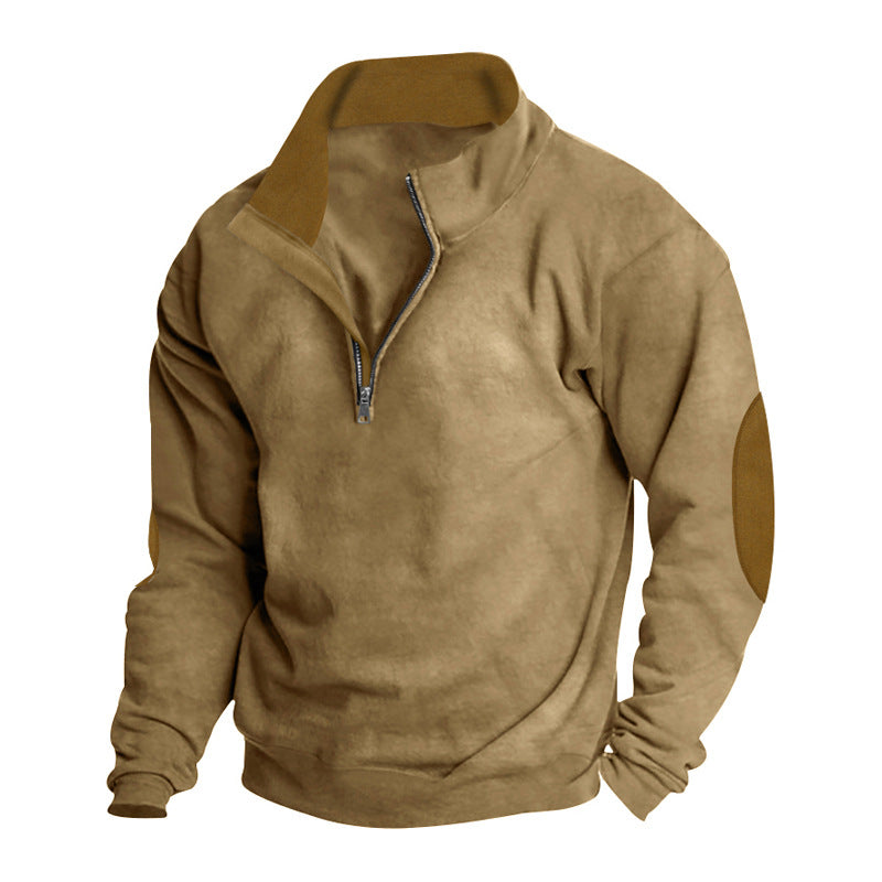 Men's casual cardigan with short front zipper, soft inner lining, and suede sleeve trim StylebySassy