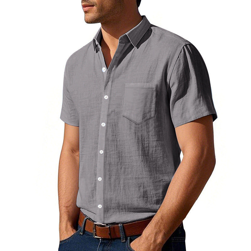 Men's short-sleeved cotton-linen casual shirt with Kent collar, chest pocket, and continuous button placket StylebySassy