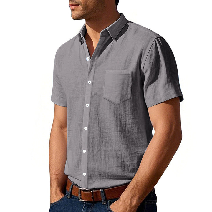Men's short-sleeved cotton-linen casual shirt with Kent collar, chest pocket, and continuous button placket StylebySassy