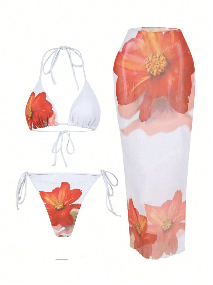 Women's triangle bikini set with floral patterns and transparent maxi skirt StylebySassy