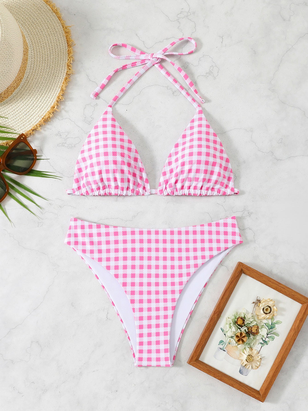 Women's bikini set with floral pattern and gingham design StylebySassy