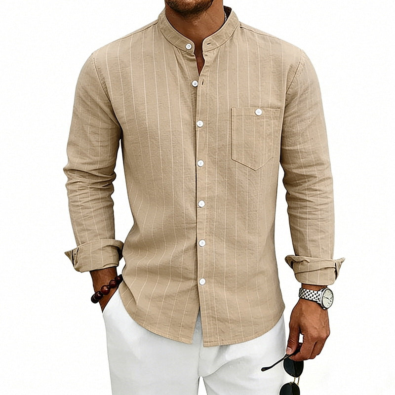 Men's breathable pinstripe long-sleeve shirt with stand collar, chest pocket, and rounded hem StylebySassy