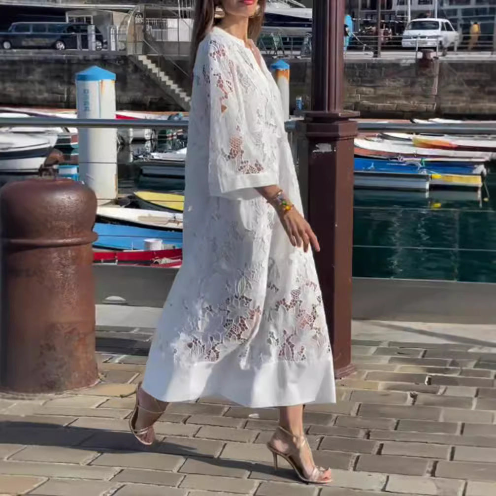 Women's airy lace maxi dress with floral openwork embroidery, loose kimono sleeve cut, and lightweight underdress StylebySassy