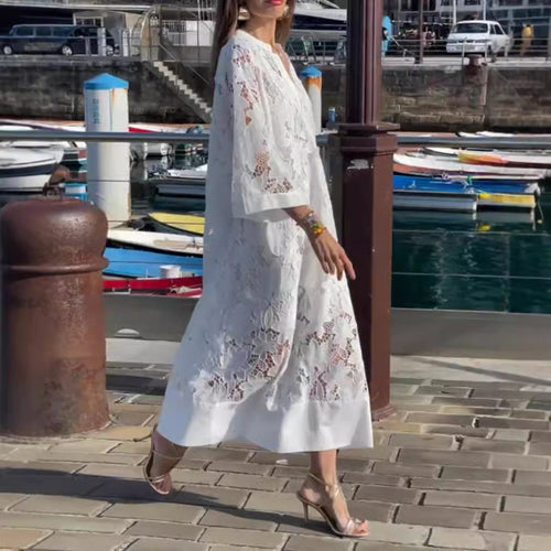 Women's airy lace maxi dress with floral openwork embroidery, loose kimono sleeve cut, and lightweight underdress StylebySassy