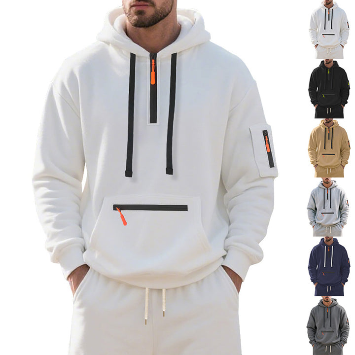 Men's half-zip hoodie with sealed zippers, kangaroo zip pocket, and arm pocket StylebySassy