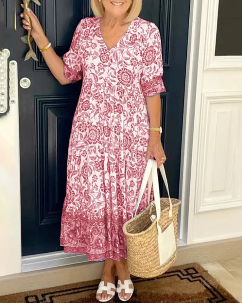 Women's Casual Tiered Midi Dress with V-Neck, Gathered Yoke and Ruffled Hem StylebySassy