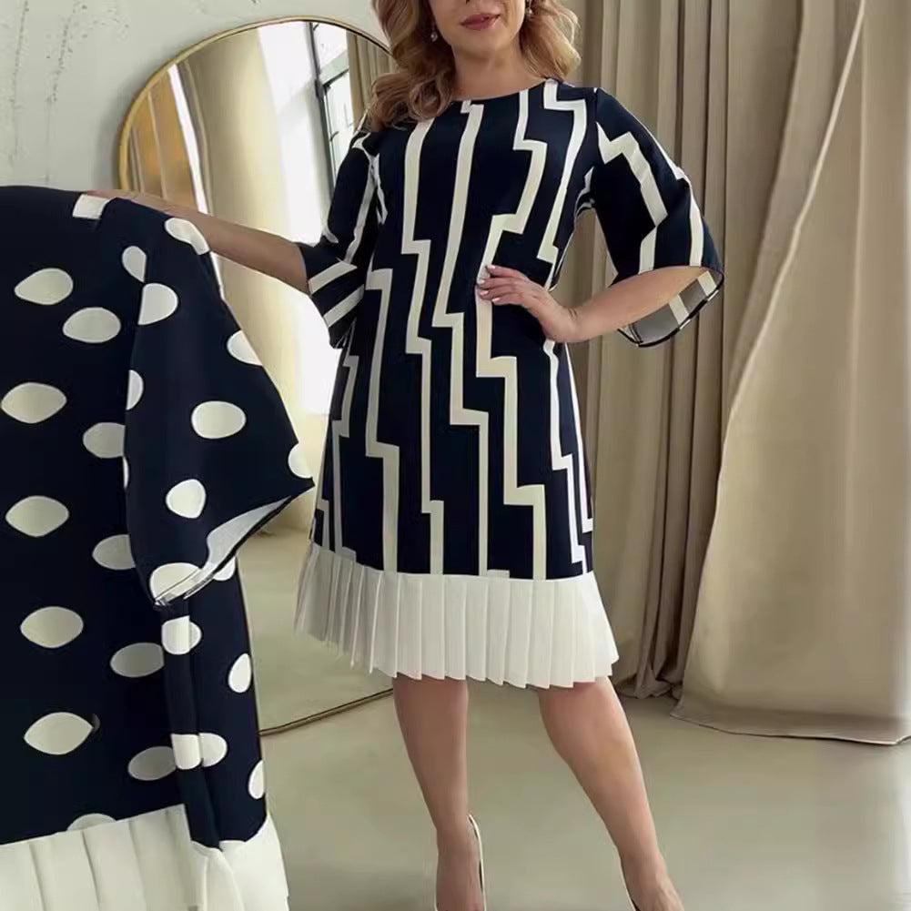 Women nan graphic A-line dress with pleated hem and three-quarter sleeves StylebySassy
