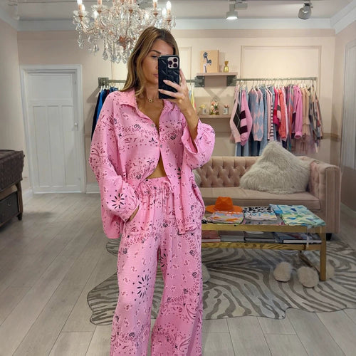 Women's airy lace embroidery beach two-piece set with oversized shirt, chest pocket, and wide palazzo pants StylebySassy