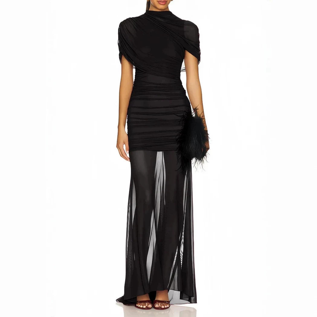 Women's Elegant Cocktail Dress with Ruffled Design and Transparent Layer