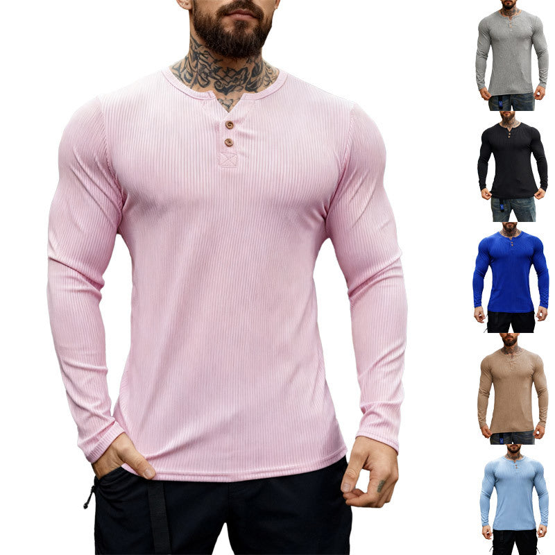 Men's ribbed long-sleeve Henley shirt with flat button placket and fitted stretch fit StylebySassy