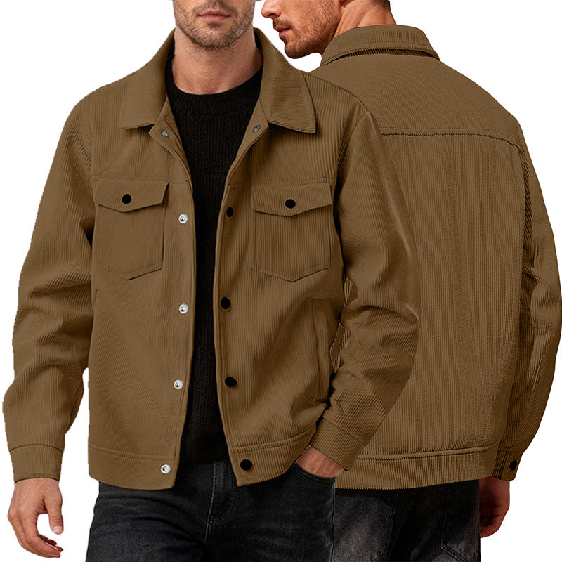 Men's cord jacket in the classic work jacket style with snap buttons and chest pockets StylebySassy
