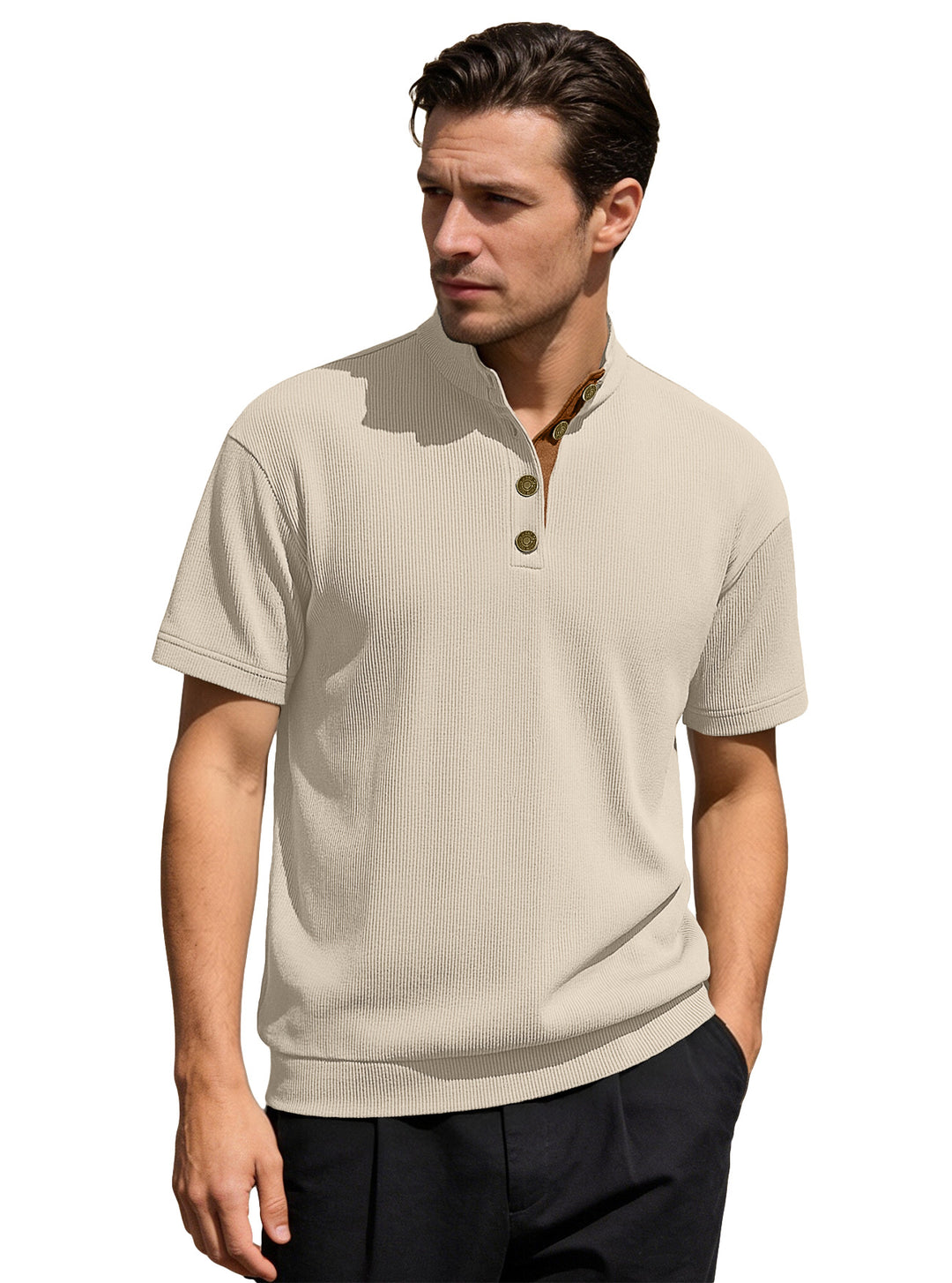 Men's Waffle Structure Short Sleeve Henley with Stand-Up Collar and Decorative Button Placket StylebySassy