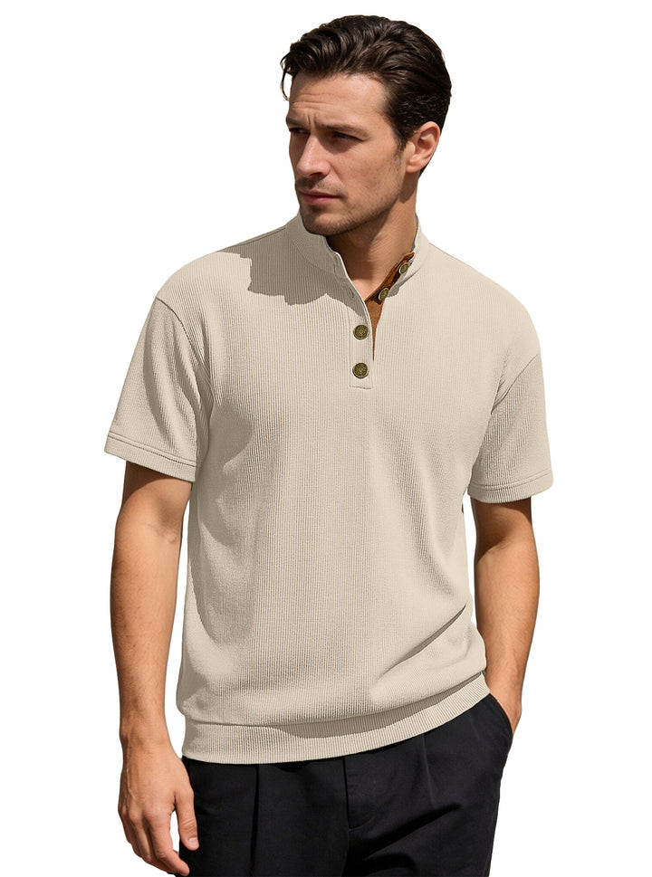 Men's Waffle Structure Short Sleeve Henley with Stand-Up Collar and Decorative Button Placket StylebySassy