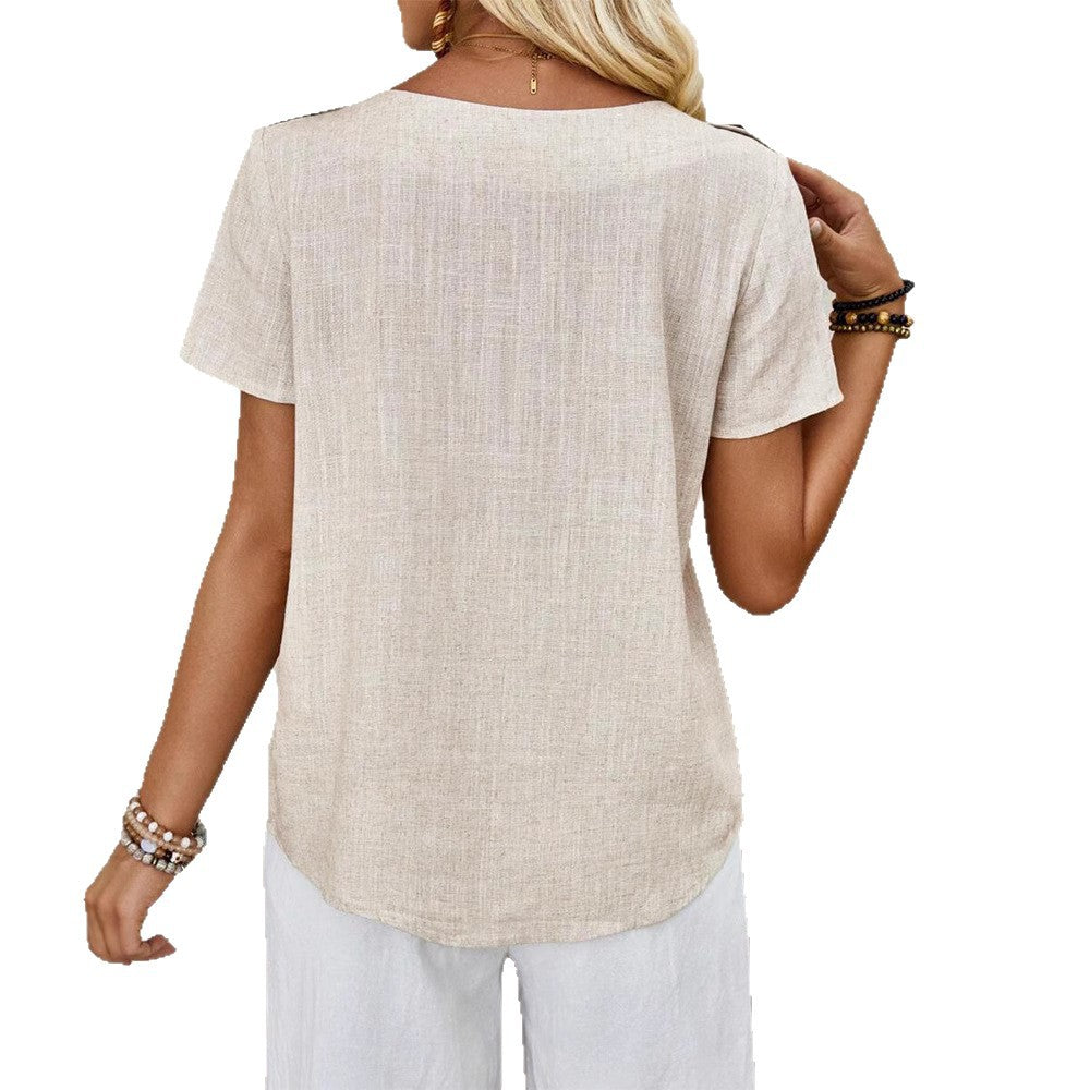 Women's cropped short-sleeve linen-look top with round neck, shoulder button placket, and rounded hem StylebySassy