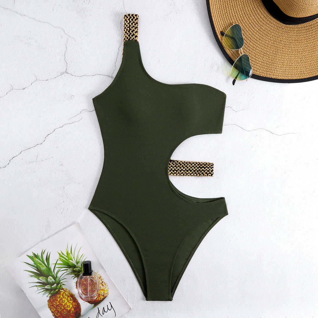 Women One-Piece Swimsuit with Asymmetric Cut-Out and Fashionable Chain Accents StylebySassy