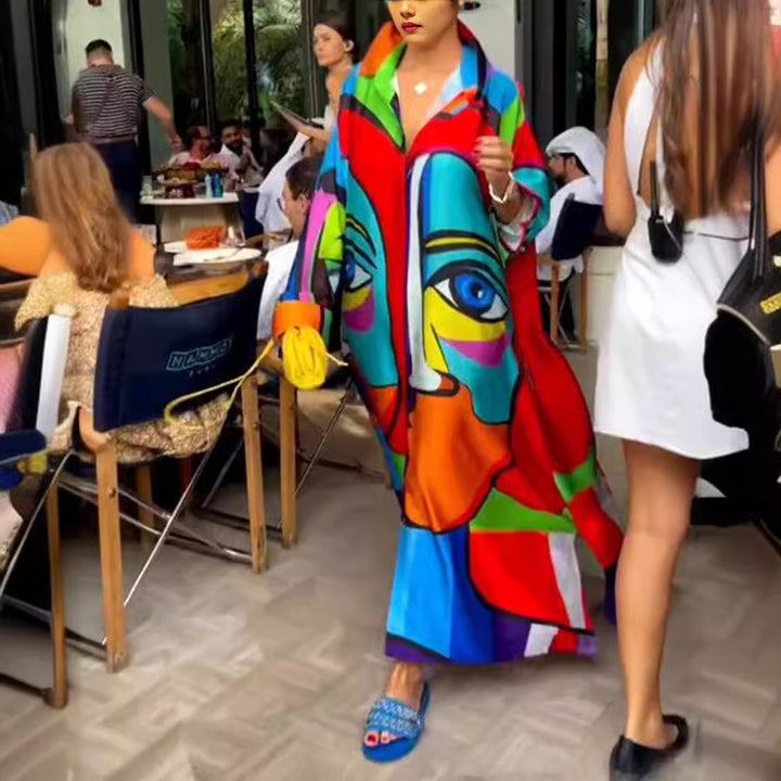 Women's oversized shirt kaftan with abstract portrait print and shirt collar StylebySassy