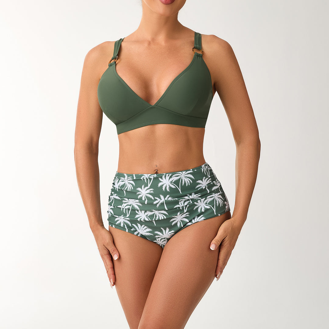 Women High-Waisted Bikini Set with Adjustable Straps and Stylish Palm Print StylebySassy