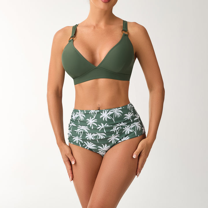 Women High-Waisted Bikini Set with Adjustable Straps and Stylish Palm Print StylebySassy