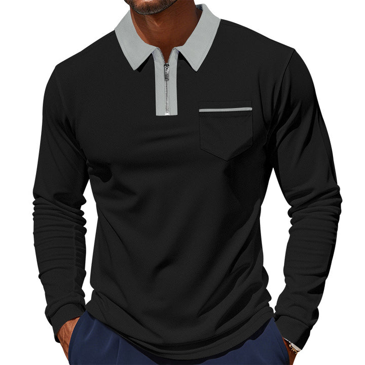 Men's long-sleeved polo with half zip, patch chest pocket, and fine structure jersey quality StylebySassy
