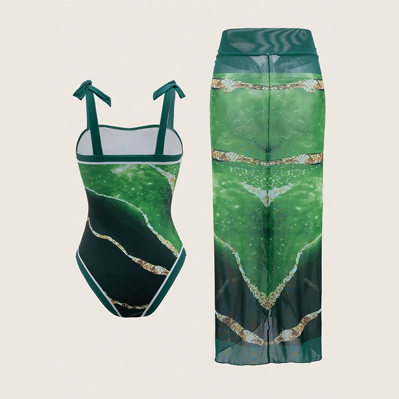 Women's one-piece swimsuit with sheer wrap skirt StylebySassy