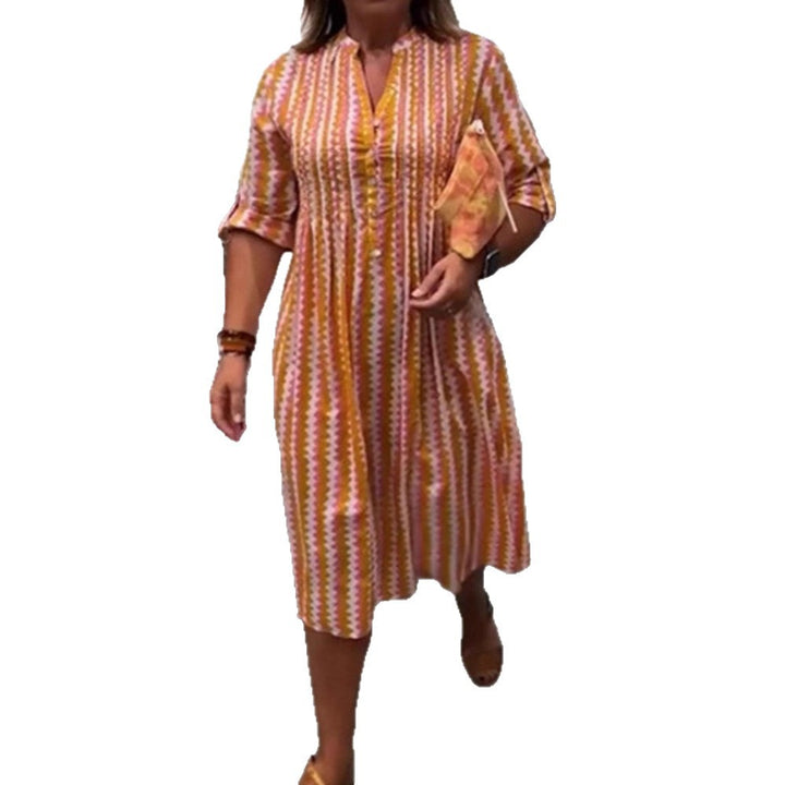Ladies nan midi dress with underbust seam, V-neck, button placket and roll-up three-quarter sleeves StylebySassy