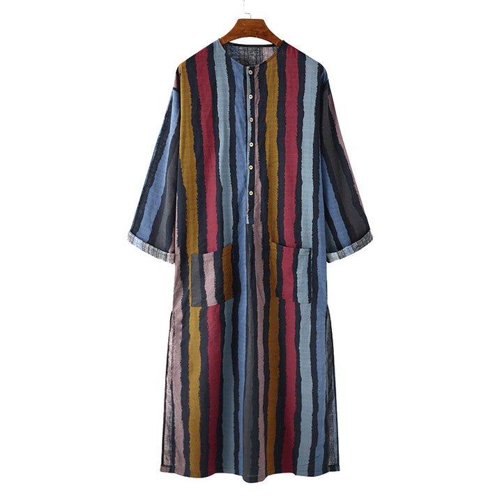 Women’s loose maxi linen dress with full button placket, round neckline, and patch pockets StylebySassy