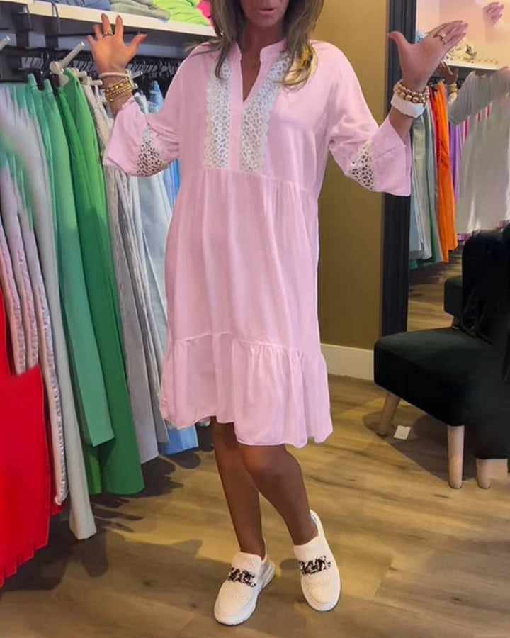 Women’s loose babydoll tunic dress with lace insert, V-neck, stand-up collar, and tiered ruffle StylebySassy