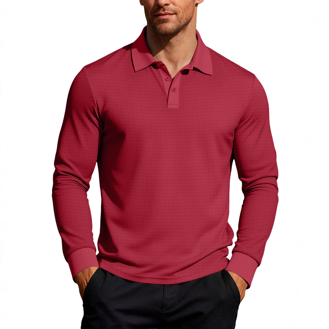Men's long sleeve polo shirt made of waffle knit with a slim fit, concealed button placket, and shirt collar StylebySassy