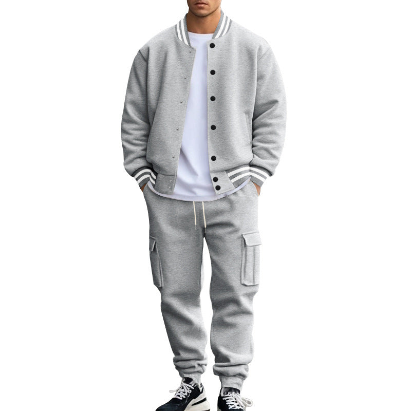 Men's sporty college two-piece made of heavy sweat with ribbed cuffs, snap-button bomber jacket and cargo jogger StylebySassy