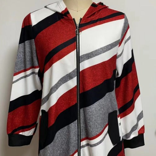 Women's longline hoodie jacket with diagonal stripe pattern, ring zipper and side pockets StylebySassy