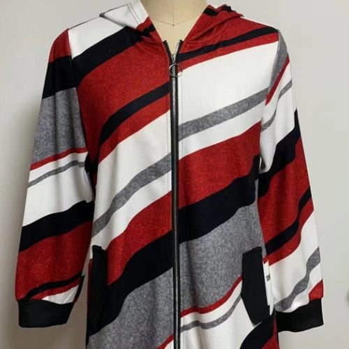 Women's longline hoodie jacket with diagonal stripe pattern, ring zipper and side pockets StylebySassy
