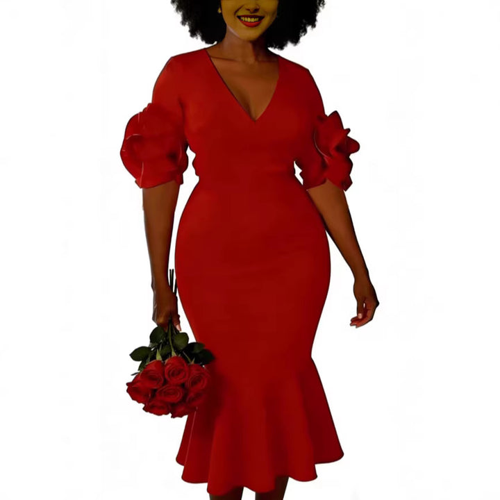 Women's fitted dress with ruffle sleeves and lace accents StylebySassy