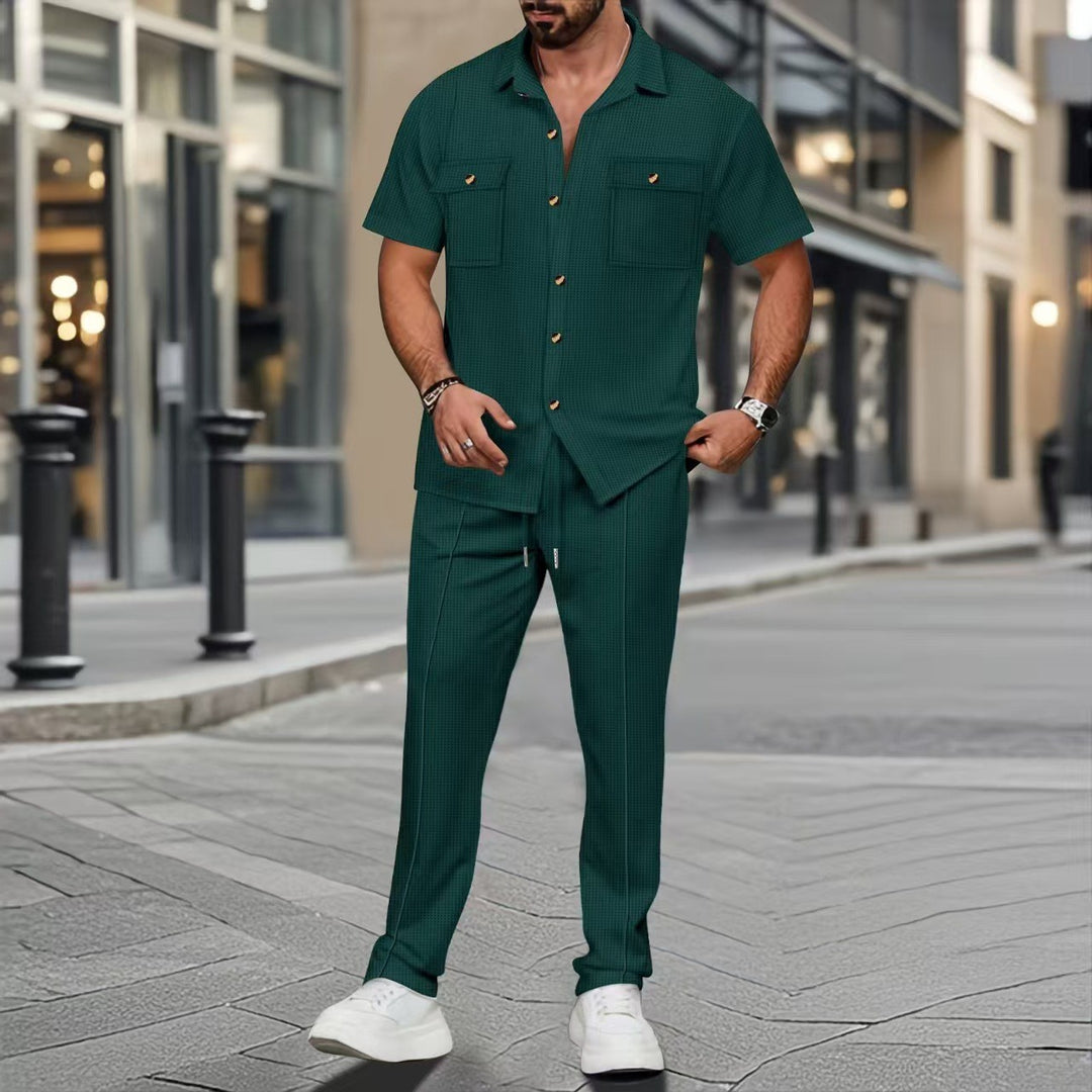 Men's casual two-piece set with open lapel shirt, chest pockets, and tapered drawstring pants StylebySassy