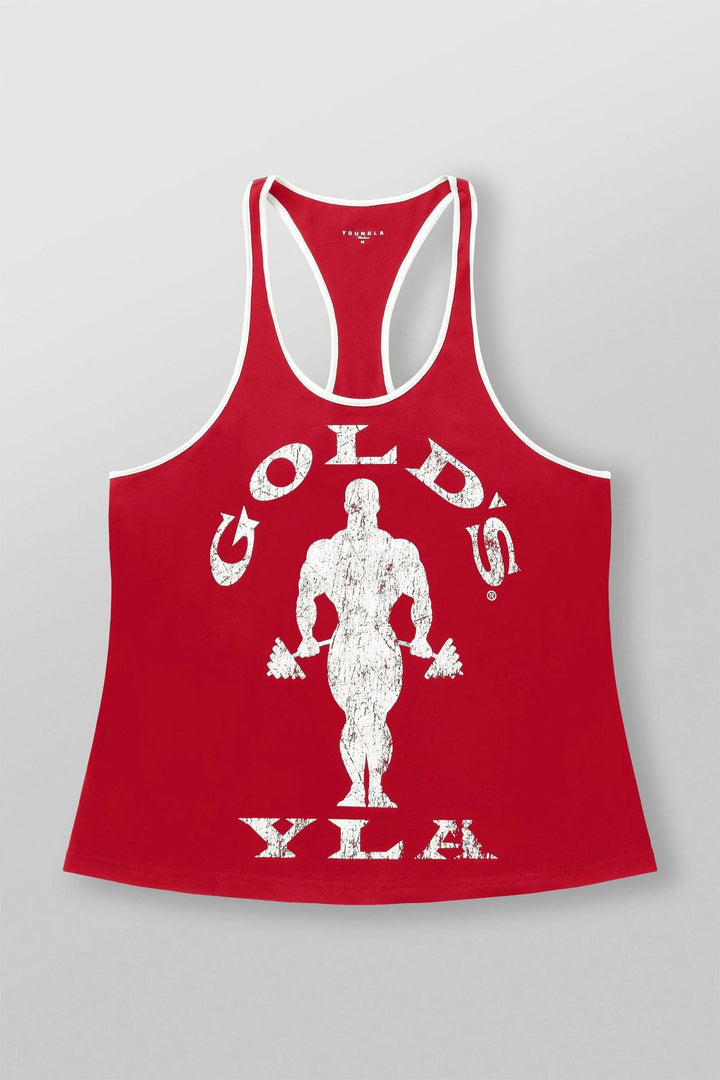 Men's nan athletic Stringer tank top backless cut with contrast piping and strength sports motif StylebySassy