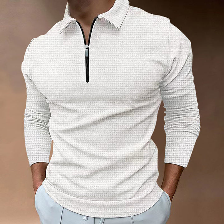 Men's long-sleeved polo shirt with kent collar, short front zip and fine waffle texture StylebySassy