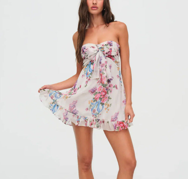 Women's strapless chiffon summer dress with floral pattern bandeau top and ruffle trim StylebySassy