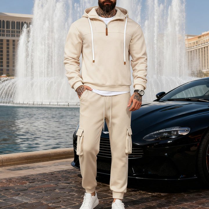 Men's casual fleece tracksuit with half zipper and cargo pockets StylebySassy